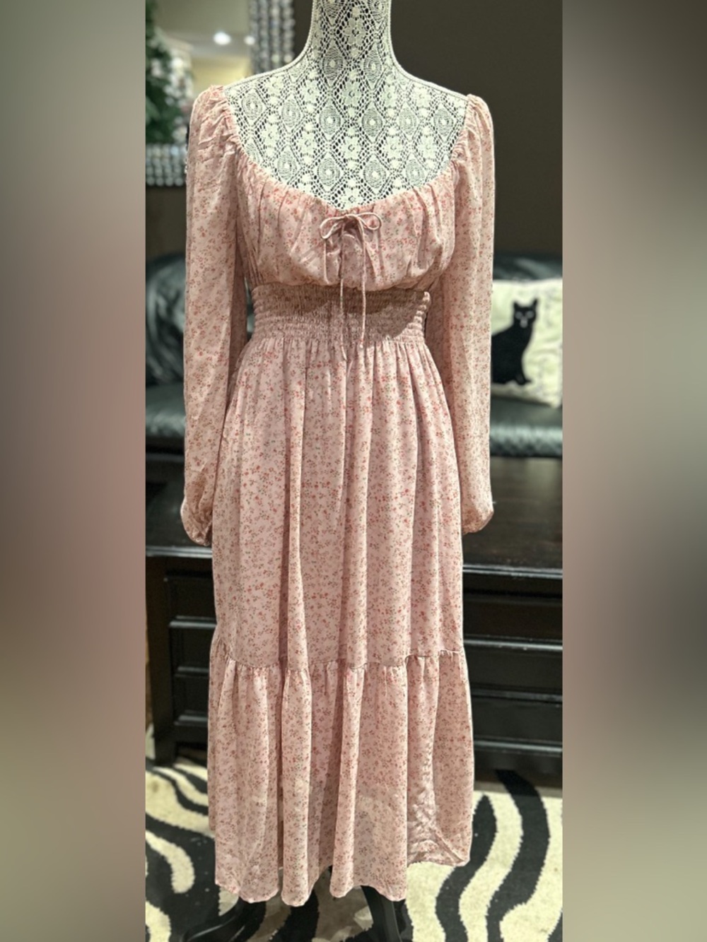 Lush Blush Floral Long Sleeve Smocked-Waist Maxi Dress